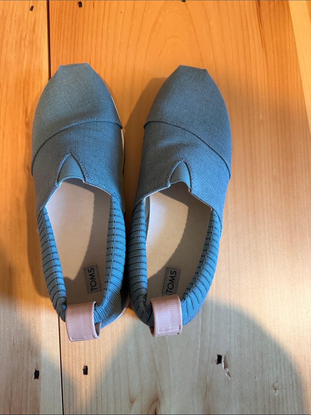 Toms Women's Slip-On Flats in Teal with Brown Heel Tab and Pink striped soles